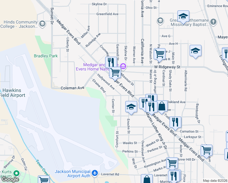 map of restaurants, bars, coffee shops, grocery stores, and more near 3541 Hollywood Avenue in Jackson