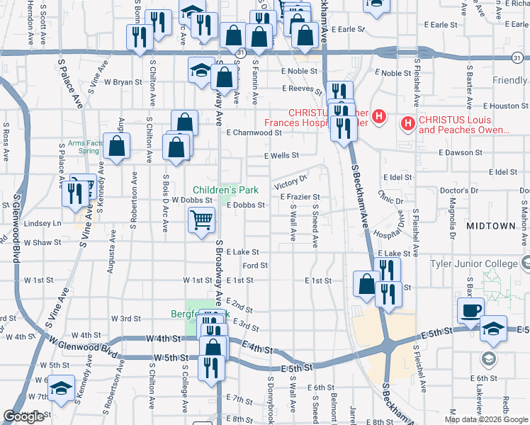 map of restaurants, bars, coffee shops, grocery stores, and more near 911 South Donnybrook Avenue in Tyler