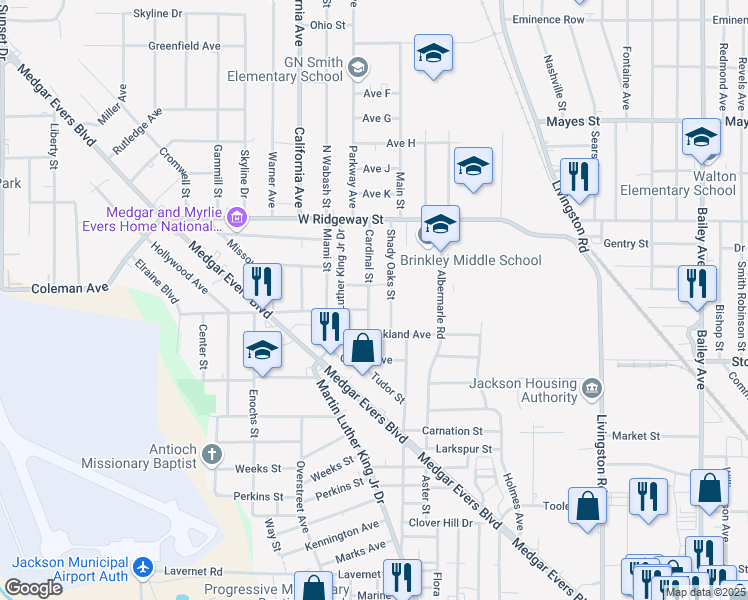 map of restaurants, bars, coffee shops, grocery stores, and more near 3440 Cardinal Street in Jackson