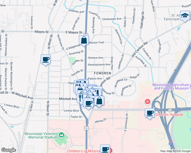 map of restaurants, bars, coffee shops, grocery stores, and more near 602 Patton Ave in Jackson