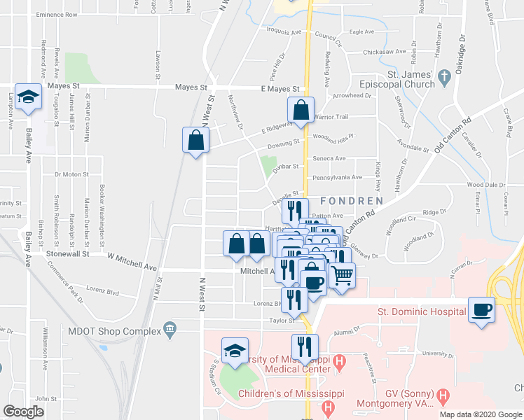 map of restaurants, bars, coffee shops, grocery stores, and more near 333 Decelle Street in Jackson