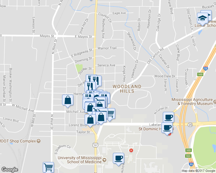 map of restaurants, bars, coffee shops, grocery stores, and more near 614 Patton Avenue in Jackson