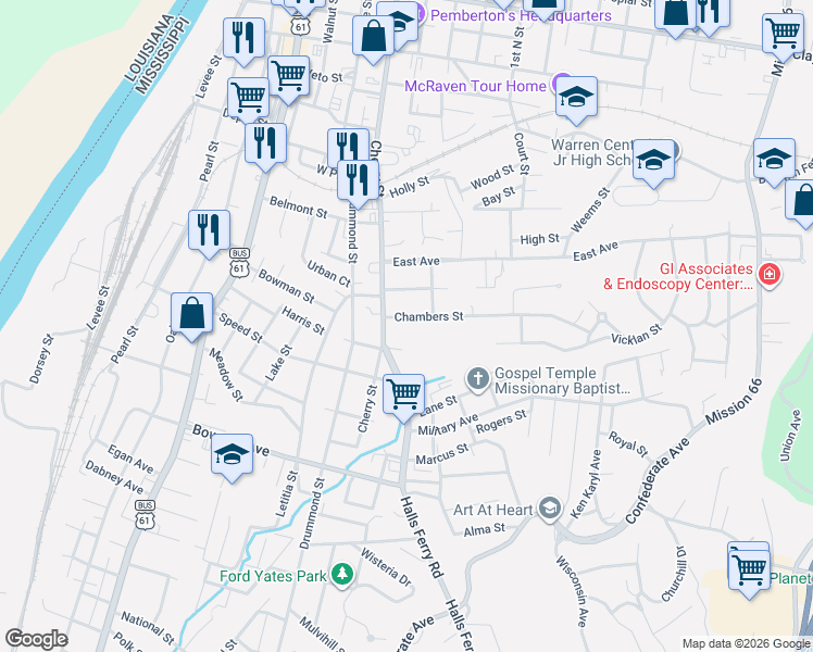 map of restaurants, bars, coffee shops, grocery stores, and more near 1322 Chambers Street in Vicksburg