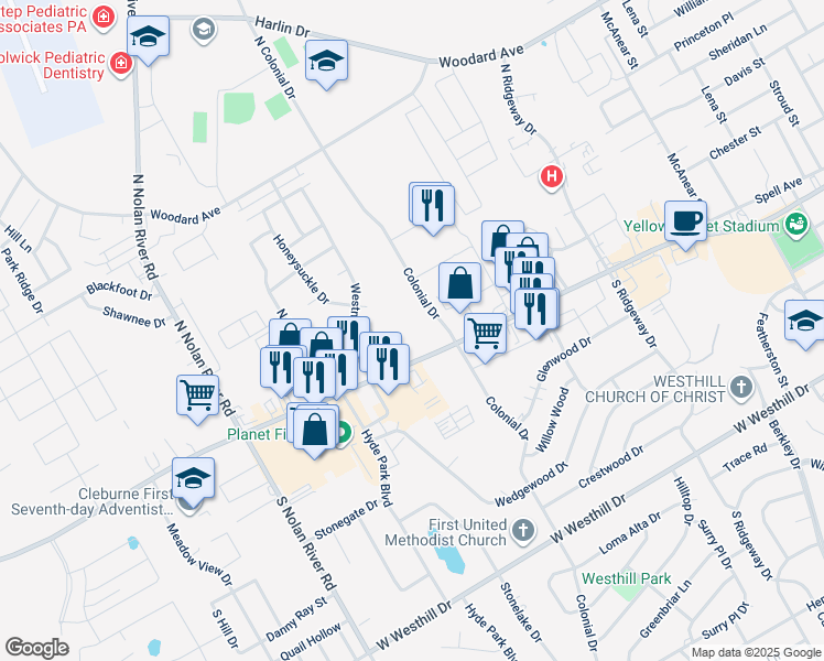 map of restaurants, bars, coffee shops, grocery stores, and more near 1628 West Henderson Street in Cleburne