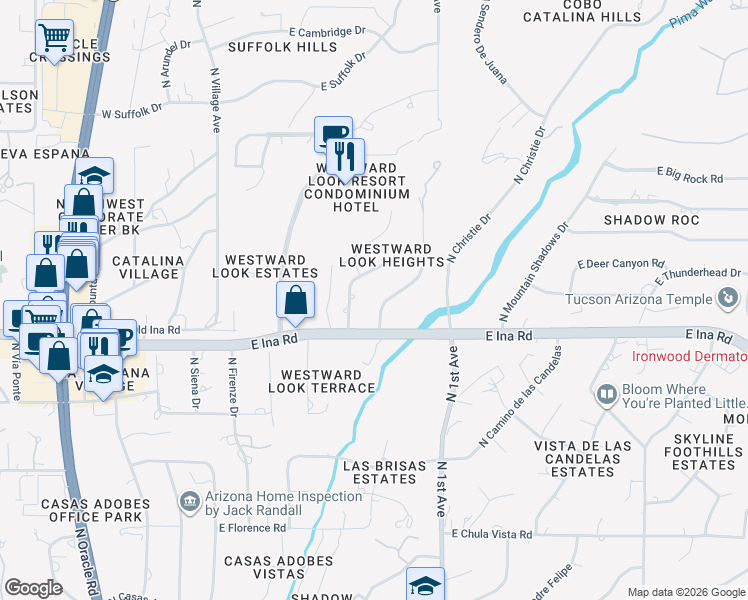 map of restaurants, bars, coffee shops, grocery stores, and more near 7241 North Avenida De Lisa in Tucson
