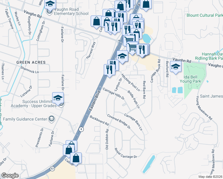 map of restaurants, bars, coffee shops, grocery stores, and more near 5619 Carriage Hills Drive in Montgomery