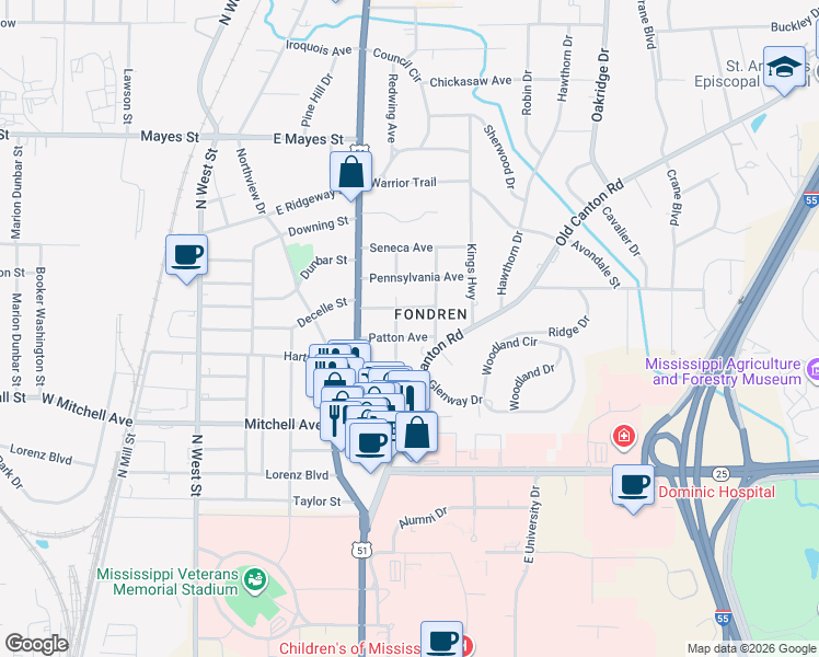 map of restaurants, bars, coffee shops, grocery stores, and more near 602 Patton Avenue in Jackson