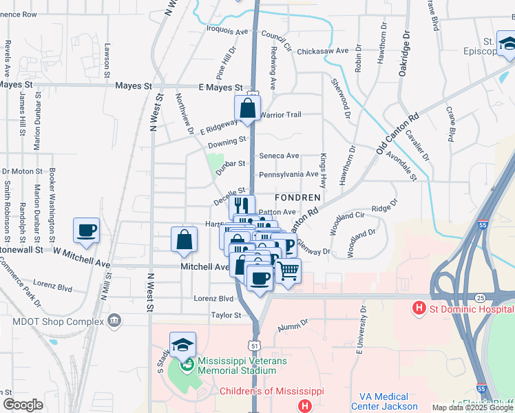 map of restaurants, bars, coffee shops, grocery stores, and more near 3310 North State Street in Jackson