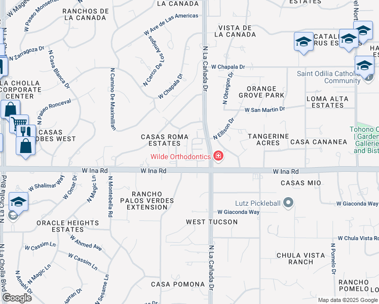 map of restaurants, bars, coffee shops, grocery stores, and more near 7251 North Las Quintas Drive in Tucson