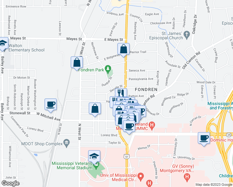 map of restaurants, bars, coffee shops, grocery stores, and more near 3336 Northview Drive in Jackson