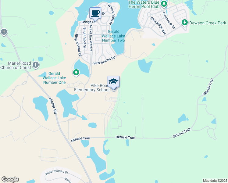 map of restaurants, bars, coffee shops, grocery stores, and more near 500 Avenue of Learning in Pike Road