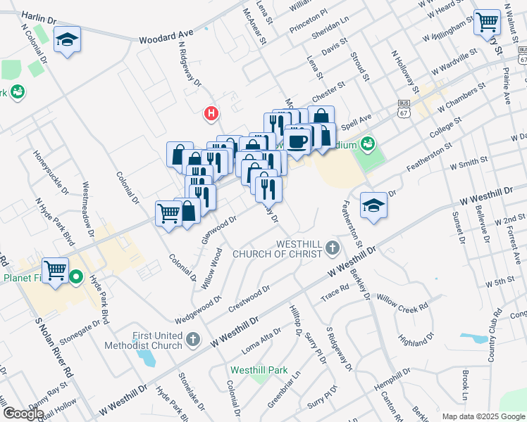 map of restaurants, bars, coffee shops, grocery stores, and more near 201-205 S Ridgeway Dr in Cleburne