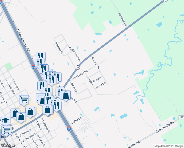 map of restaurants, bars, coffee shops, grocery stores, and more near 605 Loma Alta Lane in Ennis