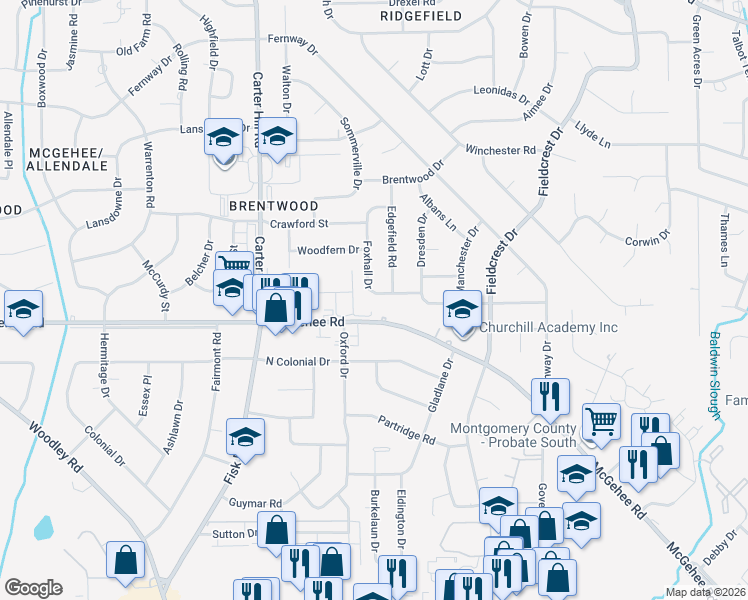 map of restaurants, bars, coffee shops, grocery stores, and more near 3584 Foxhall Drive in Montgomery
