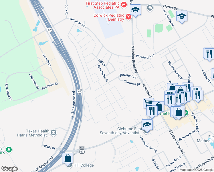map of restaurants, bars, coffee shops, grocery stores, and more near 1803 Blackfoot Dr in Cleburne