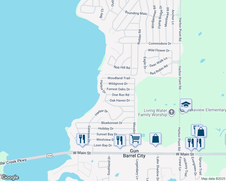map of restaurants, bars, coffee shops, grocery stores, and more near 137 Forrest Oaks Drive in Gun Barrel City