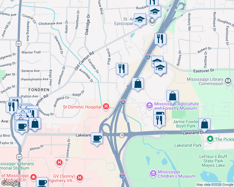 map of restaurants, bars, coffee shops, grocery stores, and more near 3727 Montrose Circle in Jackson