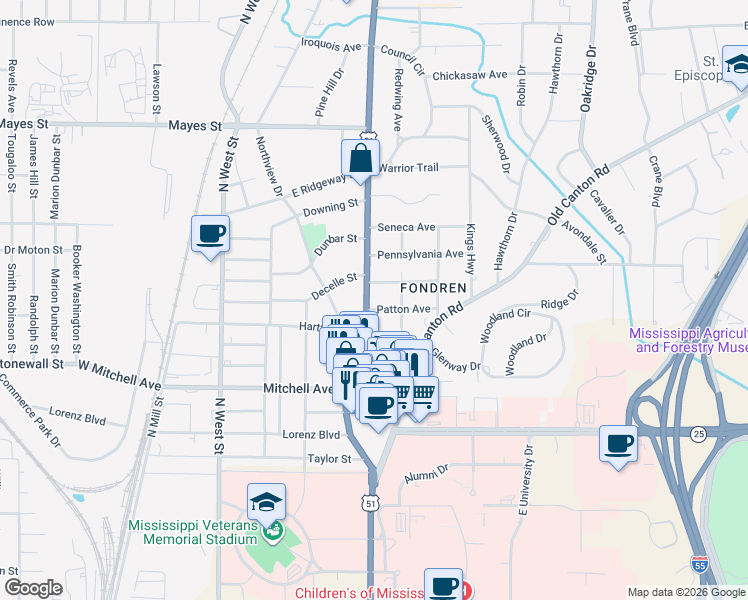 map of restaurants, bars, coffee shops, grocery stores, and more near 3310 North State Street in Jackson