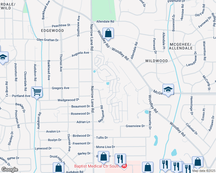 map of restaurants, bars, coffee shops, grocery stores, and more near 3618 Lockwood Court in Montgomery