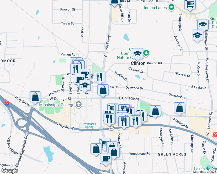 map of restaurants, bars, coffee shops, grocery stores, and more near 109 Landrum Street in Clinton
