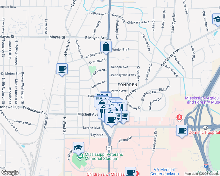 map of restaurants, bars, coffee shops, grocery stores, and more near 3310 North State Street in Jackson