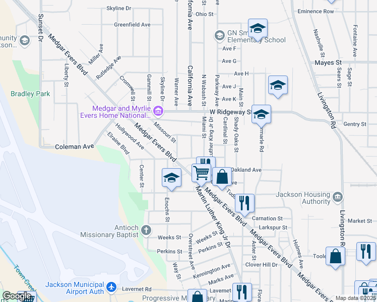 map of restaurants, bars, coffee shops, grocery stores, and more near 3417 Midlawn Street in Jackson
