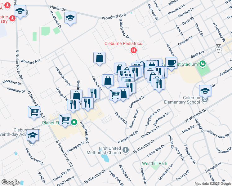 map of restaurants, bars, coffee shops, grocery stores, and more near 1616 West Henderson Street in Cleburne