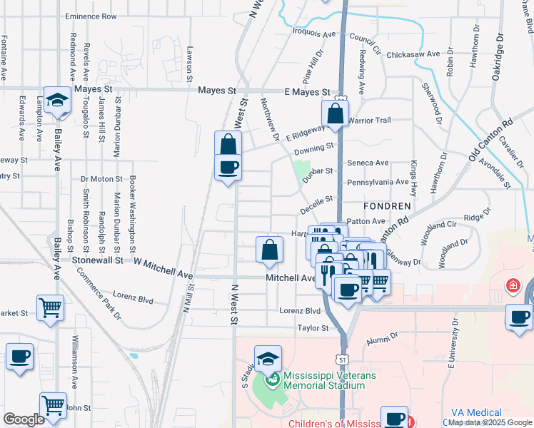 map of restaurants, bars, coffee shops, grocery stores, and more near 3405 Downing Street in Jackson