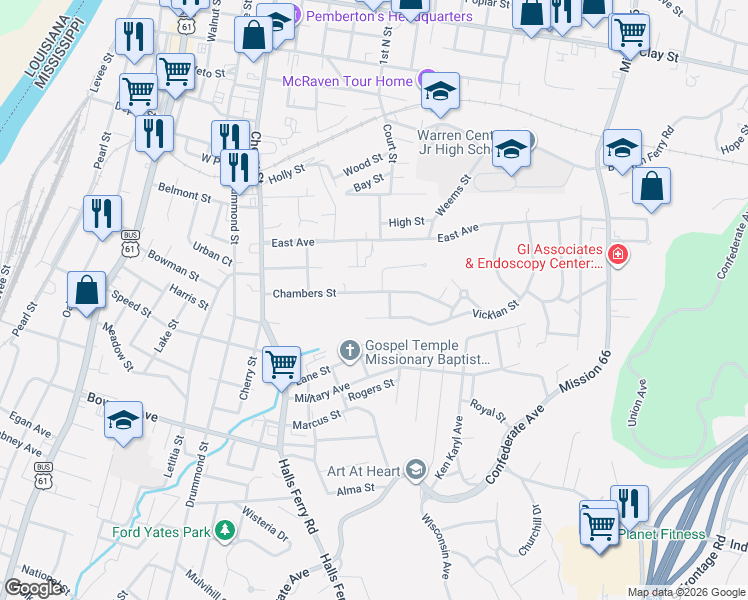 map of restaurants, bars, coffee shops, grocery stores, and more near 1510 Chambers Street in Vicksburg