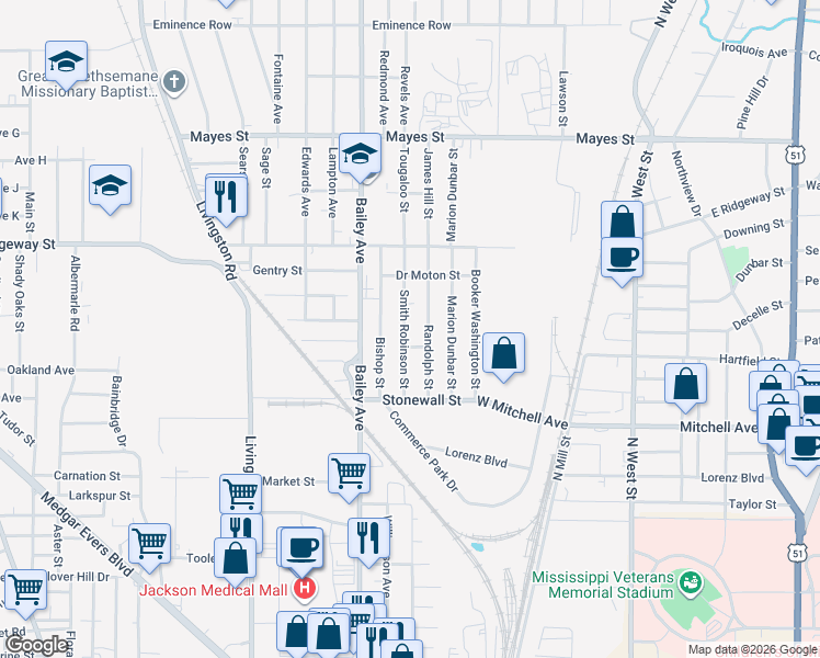 map of restaurants, bars, coffee shops, grocery stores, and more near 2922 Smith Robinson Street in Jackson