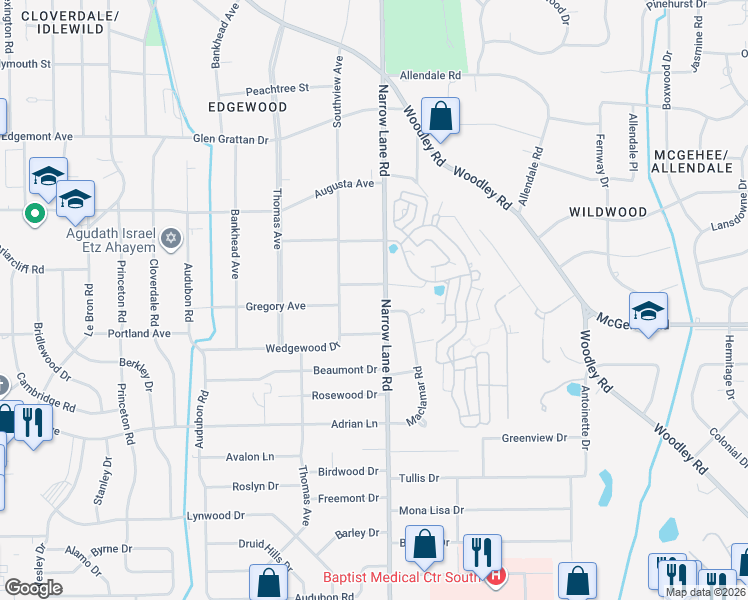map of restaurants, bars, coffee shops, grocery stores, and more near 3618 Narrow Lane Road in Montgomery