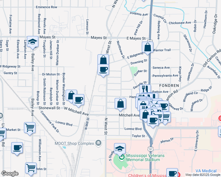 map of restaurants, bars, coffee shops, grocery stores, and more near 216 Decelle Street in Jackson