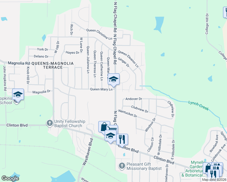 map of restaurants, bars, coffee shops, grocery stores, and more near 308 North Flag Chapel Road in Jackson