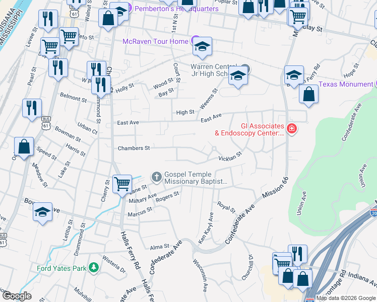 map of restaurants, bars, coffee shops, grocery stores, and more near 1612-1616 Chambers Street in Vicksburg