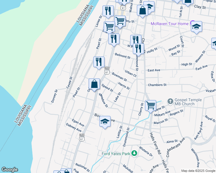 map of restaurants, bars, coffee shops, grocery stores, and more near 801 Speed Street in Vicksburg