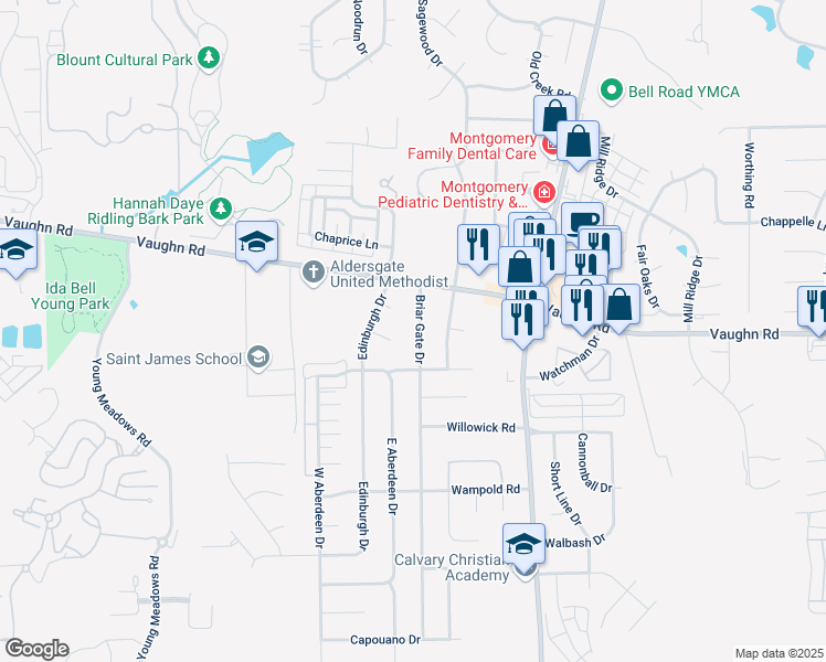 map of restaurants, bars, coffee shops, grocery stores, and more near 2024 Briar Gate Drive in Montgomery