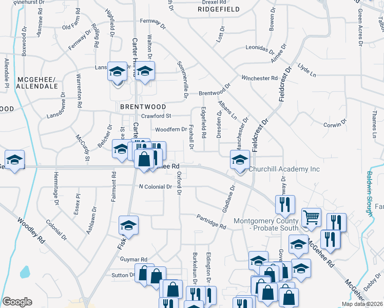 map of restaurants, bars, coffee shops, grocery stores, and more near 3584 Foxhall Drive in Montgomery