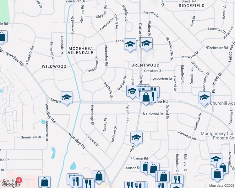 map of restaurants, bars, coffee shops, grocery stores, and more near 2877 McGehee Road in Montgomery