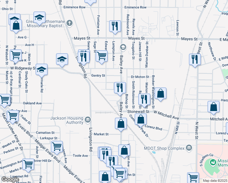 map of restaurants, bars, coffee shops, grocery stores, and more near 1061 Trinity Street in Jackson