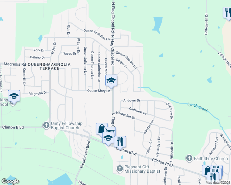 map of restaurants, bars, coffee shops, grocery stores, and more near 308 North Flag Chapel Road in Jackson