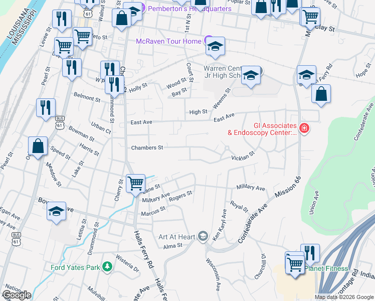 map of restaurants, bars, coffee shops, grocery stores, and more near 1510 Chambers Street in Vicksburg