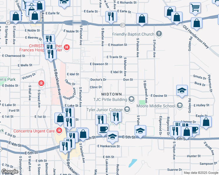 map of restaurants, bars, coffee shops, grocery stores, and more near 930 South Baxter Avenue in Tyler