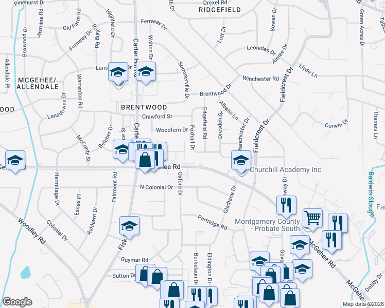 map of restaurants, bars, coffee shops, grocery stores, and more near 3584 Foxhall Drive in Montgomery