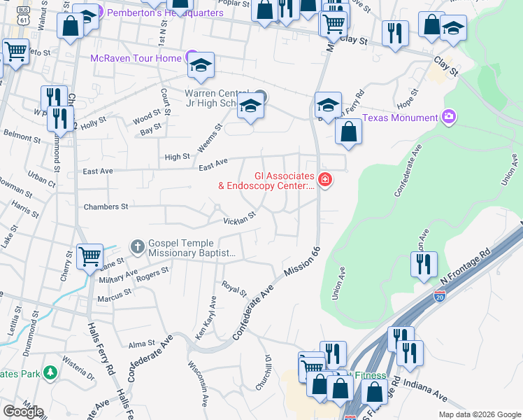 map of restaurants, bars, coffee shops, grocery stores, and more near 1701-1799 Vicklan Street in Vicksburg