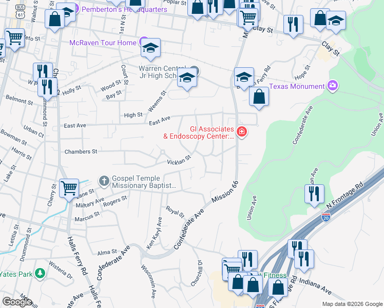 map of restaurants, bars, coffee shops, grocery stores, and more near 1799 Vicklan St in Vicksburg