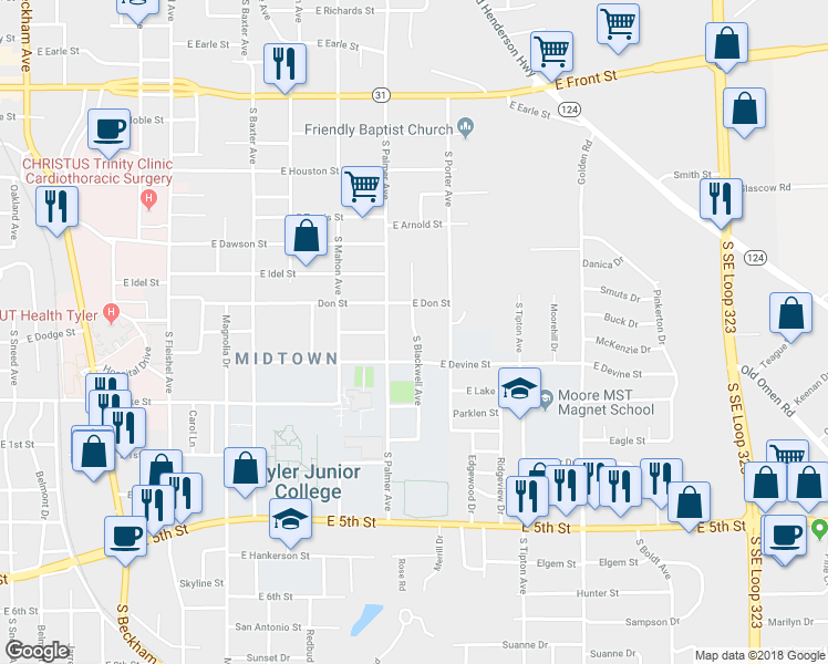 map of restaurants, bars, coffee shops, grocery stores, and more near 901 Blackwell Avenue in Tyler