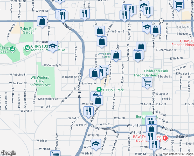 map of restaurants, bars, coffee shops, grocery stores, and more near 916 South Palace Avenue in Tyler