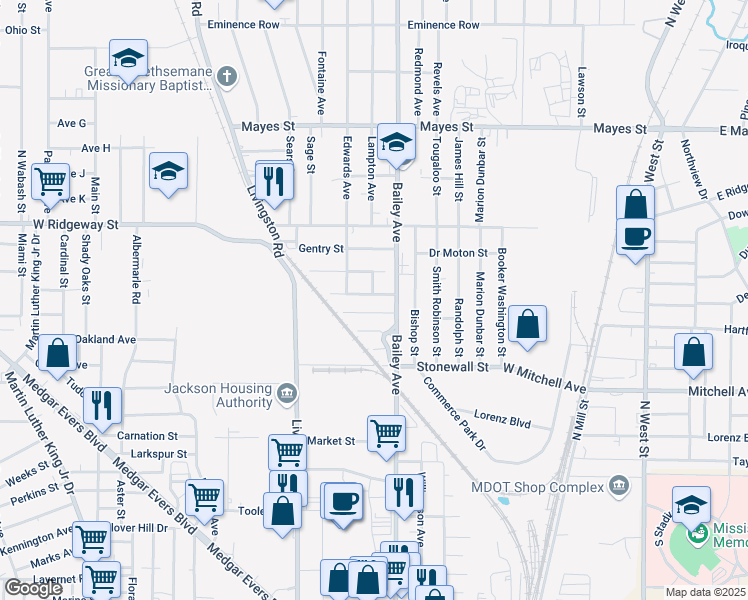 map of restaurants, bars, coffee shops, grocery stores, and more near 1061 Trinity Street in Jackson