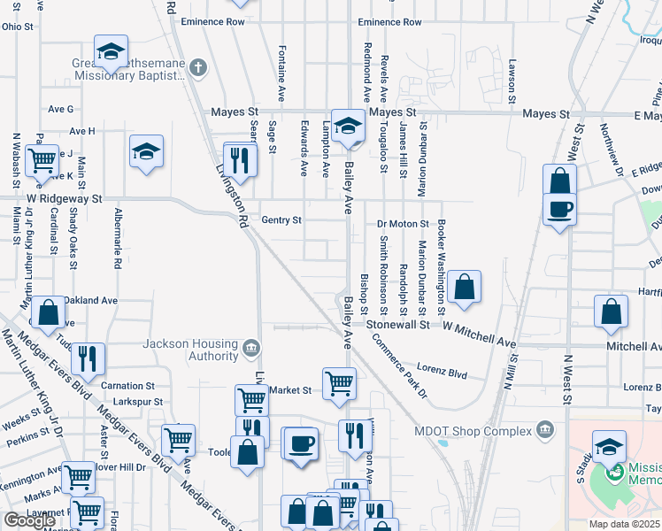 map of restaurants, bars, coffee shops, grocery stores, and more near 1061 Trinity St in Jackson