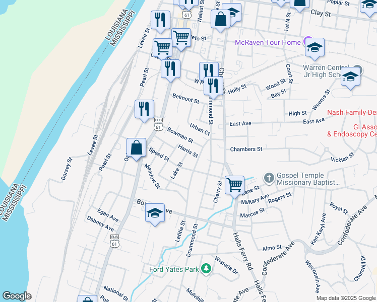 map of restaurants, bars, coffee shops, grocery stores, and more near 1001 Harris Street in Vicksburg